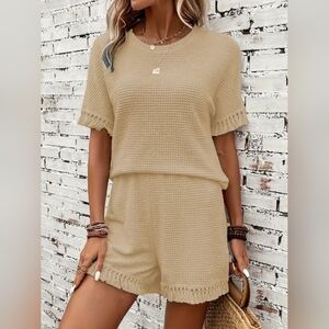 Women's Full Size Beige Waffle Knit Two-Piece Set